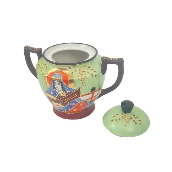 Vintage Satsuma Hand Painted Japanese Immortals Sugar Bowl with Handles and Lid - Picture 9 of 11